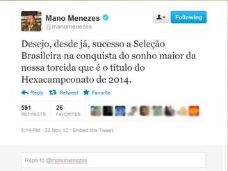 Mano Menezes utilizou o Twitter para comentar sobre a saída do cargo