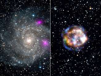 Uma das imagens (esq.) mostra dois buracos negros na galáxia espiral IC 342; a outra detalha os restos da supernova de Cassiopeia A