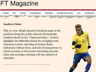 <p>Na lista do FT, texto sobre Isadora Faber aparece ao lado da imagem de Neymar, outro destaque</p>