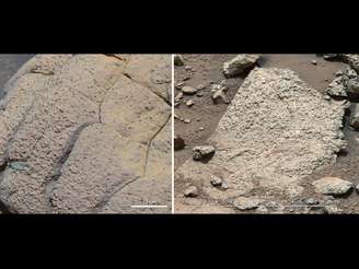 Na primeira imagem aparece amostras de rochas de Marte coletadas pela sondas Opportunity (esq.)  e Curiosity