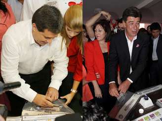 Os candidatos Horacio Cartes, do Partido Colorado, e Efrain Alegre, do Partido Liberal, votando neste domingo no Paraguai