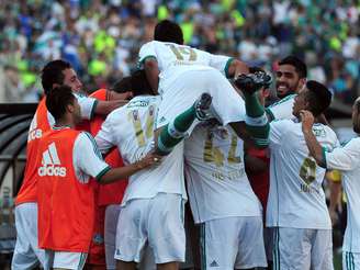 <p>Jogadores do Palmeiras fazem a festa após gol de Wesley na vitória por 2 a 1 sobre o Sport, no Pacaembu</p>