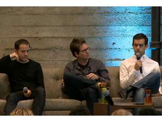 <p>Cofundadores do Twitter, Evan Williams, Jack Dorsey e Biz Stone anunciaram IPO aos funcionários no escritório em São Francisco</p>