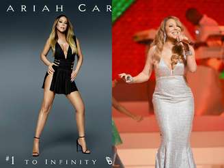 <p>Mariah Carey exagera no Photoshop em foto do CD (à esq.); à direita, a cantora em dezembro de 2014</p>