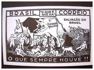 Propaganda separatista da Revolução Constitucionalista de 1932, que retrata São Paulo como uma vaca que definha ao ser sugada por demais Estados do Brasil