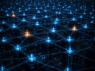 A vast server room or data center seen from above, with hundreds of small