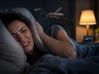 Mosquito rondando ouvido de mulher enquanto dorme