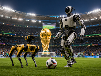 Robo Atlas e Spot em estádio - imagem produzida por IA