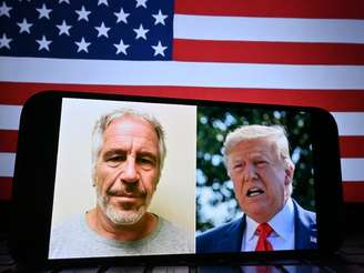 Foto de Epstein e Trump à frente da bandeira dos EUA