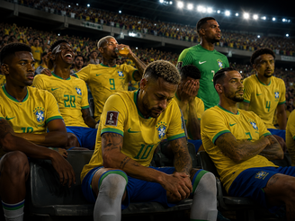 Imagem da seleção brasileira sentada na arquibancada em campo produzida por IA