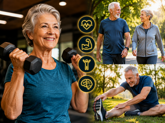 Pessoas com mais de 60 anos fazendo exercício físico.
