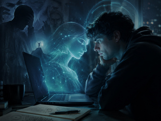 Imagem produzida por IA: homem fantasia enquanto conversa com chatbot