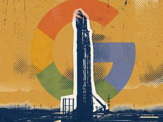 Imagem mostra silhueta de foguete com logo da Google ao fundo.