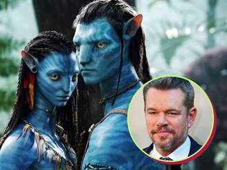Imagem do rosto de Matt Damon com uma foto do filme Avatar ao fundo.
