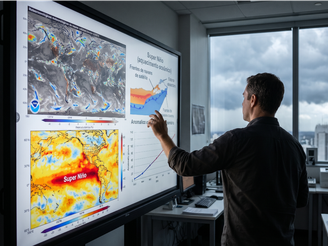 Imagem mostra homem em frente a uma tela que mostra gráficos e dados sobre o El Nino.
