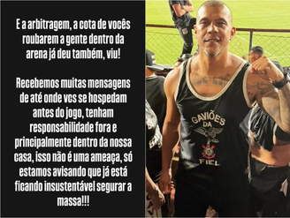 Presidente da Gvaiões da Fiel fez post com ameaças aos árbitros da partida entre Corinthians x Mirassol