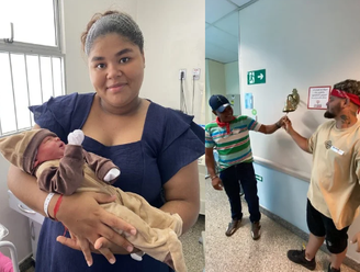 Montagem: à esquerda, Endine com o filho Hector; à direita, Endio tocando o sino da cura após concluir tratamento para leucemia