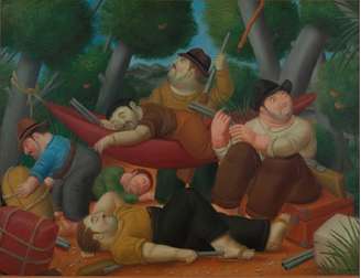Fernando Botero frequentemente faz críticas sociais e políticas em seus trabalhos, como no quadro Guerrilha de Eliseo Velásquez, de 1988