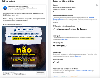 Anúncio do deputado Luiz Philippe de Orleans e Bragança (PL-SP) contra PL 2630/2020
