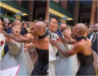 Momento em que o fã invade o tapete, agarra Ariana Grande e é afastado por Cynthia Erivo