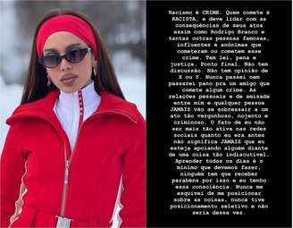 Anitta se manifestou em texto contra Rodrigo Branco