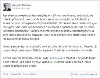 <p>Alckmin disse em mensagem divulgada no seu Facebook que enfrentará os "obstáculos" e os "desafios" do estado de São Paulo</p>