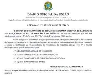 Edição extra do Diário Oficial retificou nomes de sargentos indicados para a Secretaria de Segurança Presidencial
