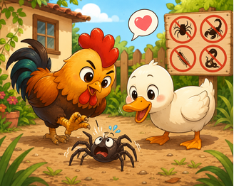 Galo e pato amedrontando aranha
