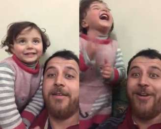 Em um vídeo é possível ver o pai e a filha rindo enquanto uma bomba atinge a região onde eles moram