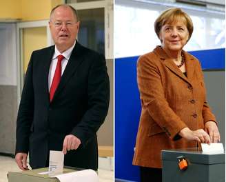 Montagem mostra os principais candidatos nas eleições legislativas alemãs, Peer Steinbrueck e Angela Merkel, depositando seus votos