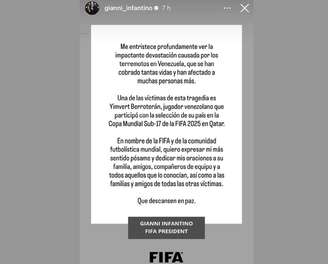 Presidente da Fifa fez postagem sobre vítimas do terremoto na Venezuela – Reprodução/Instagram