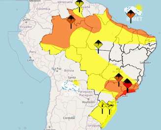 Alertas emitidos pelo Inmet em diversas regiões do Brasil.