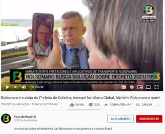Vídeo do canal Foco do Brasil mostra o presidente Jair Bolsonaro conversando com o ministro Tarcísio Gomes de Freitas sobre aplicativos de transporte rodoviário