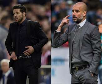 Treinadores de ideologias opostas? Diego Simeoni, do Atlético de Madrid, e Guardiola, do Manchester City (Arte LANCE!)