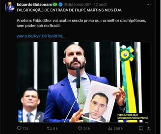 Eduardo Bolsonaro diz que Fábio Shor será alvo de sanção dos Estados Unidos.