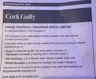 SAF do Botafogo foi colocada à venda em anúncio de jornal inglês