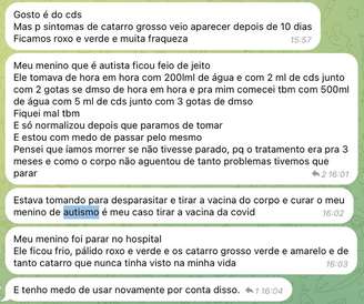 Mãe relata ter ido para o hospital com o filho após ambos tomarem dióxido de cloro.