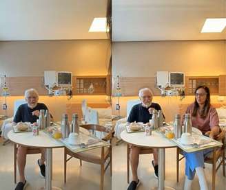 O apresentador Carlos Alberto de Nóbrega e sua esposa, a médica Renata de Nóbrega, em um quarto de hospital em São Paulo