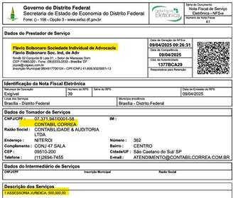 Nota fiscal do escritório de advocacia de Flávio Bolsonaro referente a serviços prestados a uma empresa de Rogério Lourenço Novo