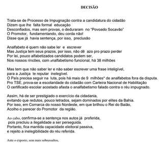 Juiz Eleitoral da Bahia usou cordel na sentença contra impugnação de candidato a vereador em Teofilândia (BA)