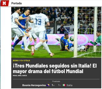 O Marca ressaltou que é a terceira vez seguida que a Itália está fora do Mundial 