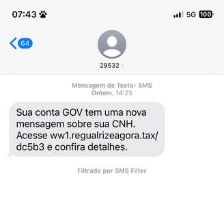 Exemplo de mensagem de golpe usando a CNH