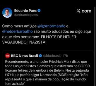 Postagem de Eduardo Paes nas redes sociais com críticas ao primeiro-ministro da Alemanha, Friedrich Merz; depois, o prefeito do Rio apagou a publicação.