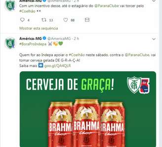 A zoeira foi feita no twitter do clube, brincando que até o "estagiário" do Paraná iria ver o jogo para "tomar uma" sem pagar- Reprodição