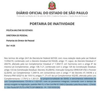 Portaria da PM que manda o tenente-coronel Geraldo Neto para a reserva com vencimentos integrais. —