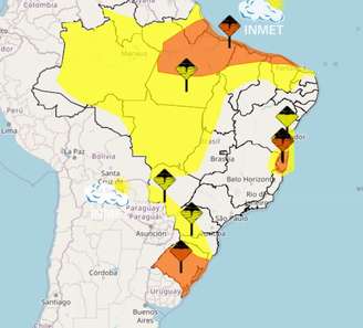 Alerta laranja para chuvas intensas e volumosas no Brasil, segundo o Inmet.