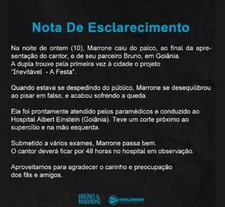 Nota divulgada pela assessoria de Bruno e Marrone