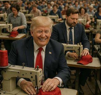 Imagem gerada por inteligência artificial mostra Trump e J.D. Vance trabalhando em uma fábrica