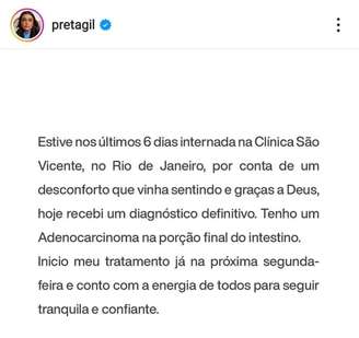 Preta contou sobre a doença nas redes sociais no dia que recebeu o diagnóstico