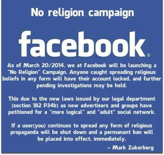 Trote proíbe posts sobre religião no Facebook, assinado falsamente por Mark Zuckerberg